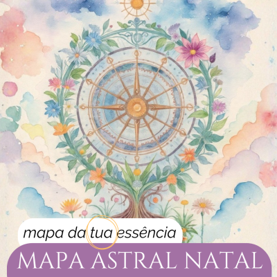 Mapa astral natal em aquarela com flores e compasso dourado