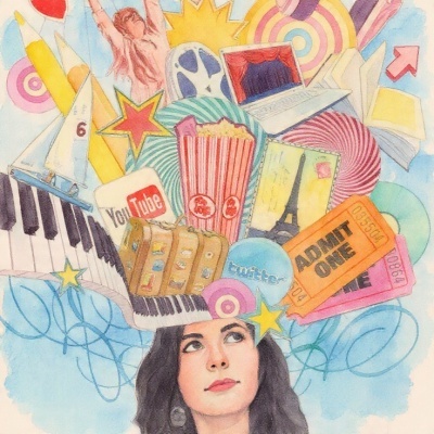 Mulher rodeada por objetos variados de lazer e tecnologia num fundo azul