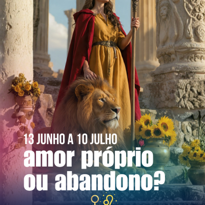 Mulher vestida com vestido amarelo e capa vermelha com bastão ao lado de leão real junto a colunas e flores amarelas