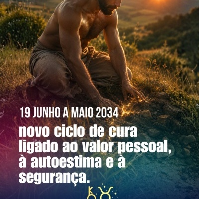 Homem sem camisa ajoelhado na terra ao pôr do sol com texto de anúncio em português.