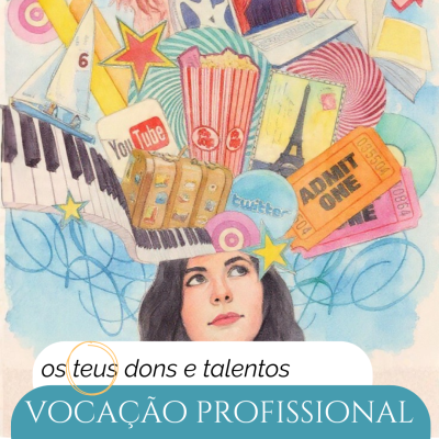 Mulher com objetos variados sobre a cabeça e texto vocação profissional