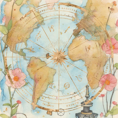 Mapa-múndi aquarelado com diagrama astrológico dourado e flores coloridas