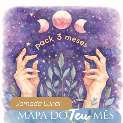 Ilustração de mãos femininas com anéis, fases da lua, estrelas e texto promocional pack 3 meses Jornada Lunar
