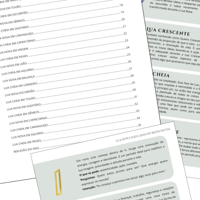 Folhas de papel com textos em português sobre fases da lua e índice de conteúdos.