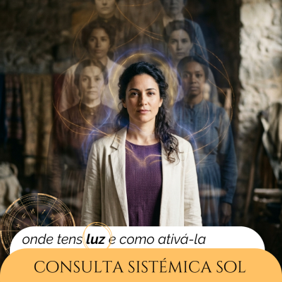 Mulher ao centro com outras ao fundo e texto promocional de consulta sistémica