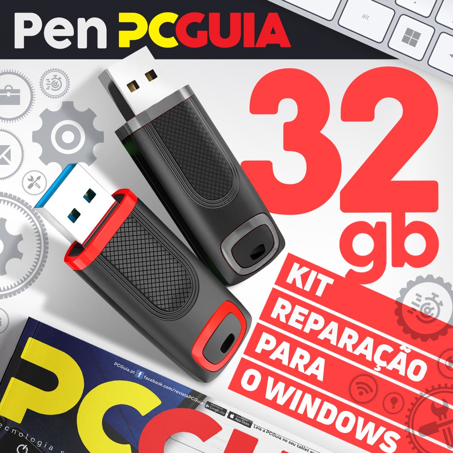 Pen PCGuia Duas pen drives USB 32 GB com detalhes vermelho e azul e texto promocional em português.