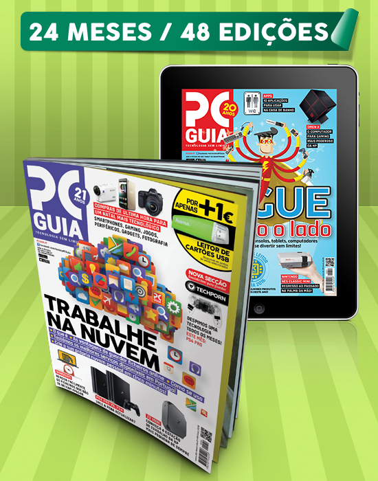 Renovação Assinatura 24 Meses Revista PCGuia (Especial) Duas capas da revista PC Guia, impressa e digital, com fundo verde listrado e texto promocional no topo.