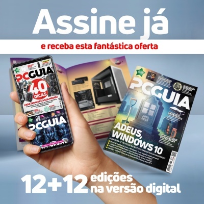 Promoção de assinatura da revista PCGuia com smartphone e revista física exibindo capas e oferta de edições digitais.