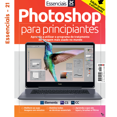 Capa de revista Photoshop para principiantes com imagem de colibri saindo do ecrã de portátil