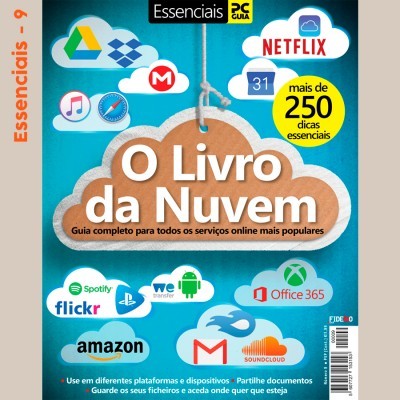 Capa do livro 'O Livro da Nuvem' com ícones de serviços online e fundo azul