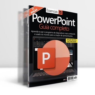 Livro 'PowerPoint Guia completo' com capa preta e logótipo do PowerPoint em laranja.