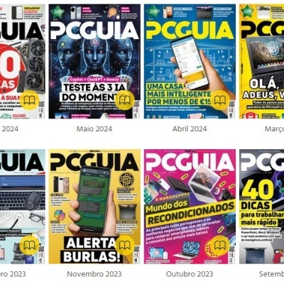 Capas da revista PC GUIA com temas tecnológicos em várias cores e textos em português