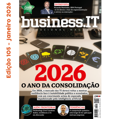 Capa da revista business.IT edição 105 Janeiro 2026 com cartas de ícones tecnológicos e texto destacado 2026 O ANO DA CONSOLIDAÇÃO.