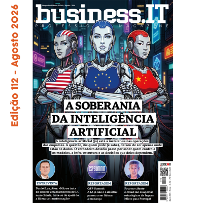 Revista business.IT com robôs futuristas representando EUA, UE e China e texto sobre inteligência artificial