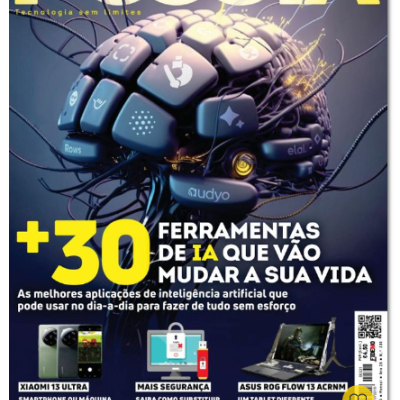 Capa da revista PC Guia com ilustração de cérebro feito de teclas de teclado e texto sobre ferramentas de IA e tecnologia.