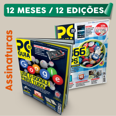 Duas revistas com temas tecnológicos, texto promocional para subscrição de 12 meses