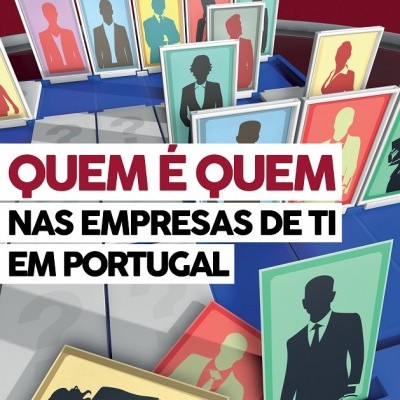 Capa de revista Anuário 2016 com silhuetas coloridas de pessoas e texto sobre empresas de TI em Portugal