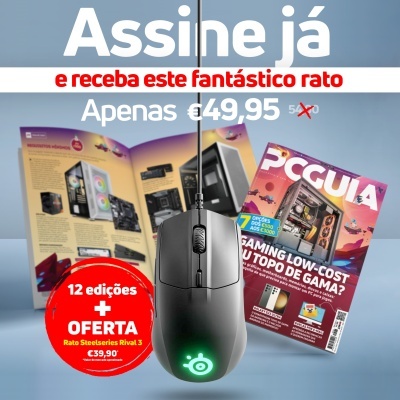 Rato gaming Steelseries Rival 3 preto com luz verde, revista PCGUÍA e texto promocional em português
