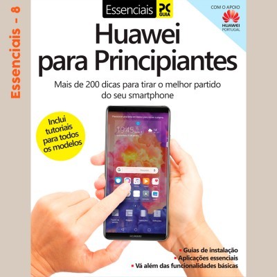 Capa de livro Huawei para Principiantes com imagem de uma mão segurando um smartphone Huawei