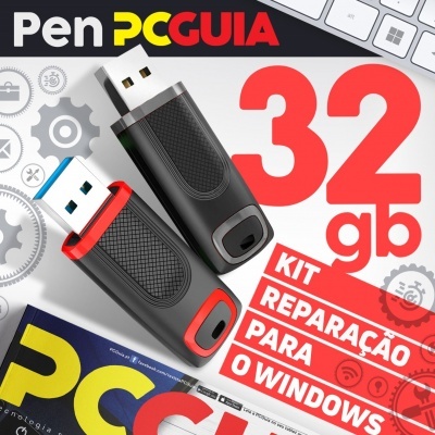 Duas pen drives USB 32 GB com detalhes vermelho e azul e texto promocional em português.