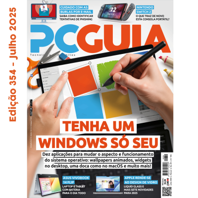 Capa da revista PC GUIA julho 2023 com mãos usando tablet e texto TENHA UM WINDOWS SÓ SEU.