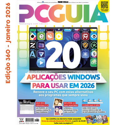 Revista PC Guia com portátil ASUS e texto sobre aplicações Windows 2026