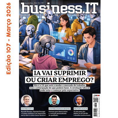Capa da revista business.IT com ilustração de humanos e robôs em ambiente de trabalho tecnológico