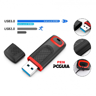 Pen USB preto com detalhes vermelhos e conector azul, com tampa removível e texto informativo sobre velocidades USB.