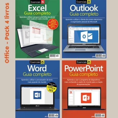 Quatro capas de livros para Office com cores verdes, azuis e laranja, títulos e imagens de programas Excel, Outlook, Word e PowerPoint.
