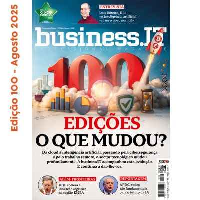 Capa da revista business IT nº100 agosto 2023 com ilustrações financeiras e tecnológicas e texto principal