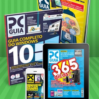 Revistas PC Guia e dispositivos digitais mostrando as capas e conteúdos das revistas