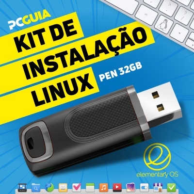 Pen USB preto 32GB KIT DE INSTALAÇÃO LINUX PCGUIA sobre fundo azul com teclado.