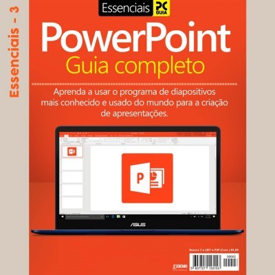 Capa de livro Guia completo PowerPoint com imagem de portátil ASUS e fundo laranja