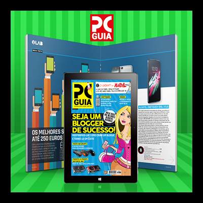 Revistas 'PC GUIA', incluindo uma revista digital em tablet com capa destacada e papel impresso