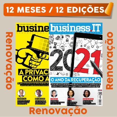 Duas revistas business.IT com promoções de renovação em laranja
