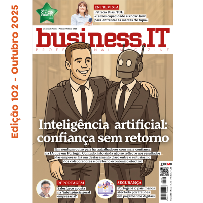 Capa da revista business.IT com ilustração de homem e robô de fato e texto sobre inteligência artificial.