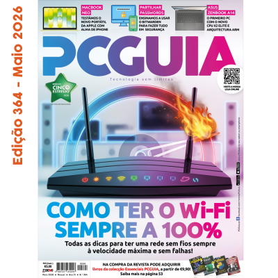 Capa da revista PCGUIA com router Wi-Fi preto, antena em chamas digitais, luzes LED coloridas e texto em português.