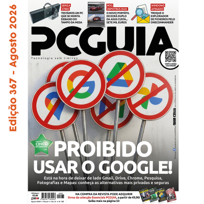 Capa da revista PCGUIA com sinais de trânsito proibidos do Google e texto PROIBIDO USAR O GOOGLE.