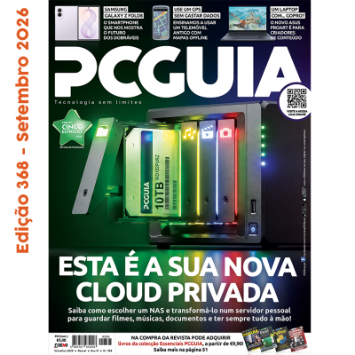 Revista PCGUIA setembro 2026 com imagem de sistema NAS e texto em português sobre cloud privada.