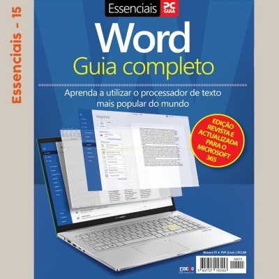 Capa do livro Word Guia completo Essenciais 15 PC Guia fundo azul com laptop prateado e selo vermelho