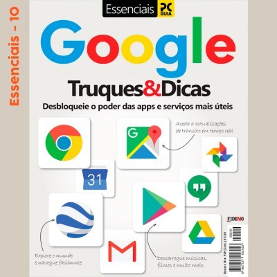 Capa de revista sobre truques e dicas para apps Google com ícones coloridos das aplicações