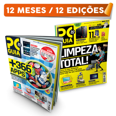 Duas revistas PCGuia com capas coloridas a oferecer 12 meses 12 edições