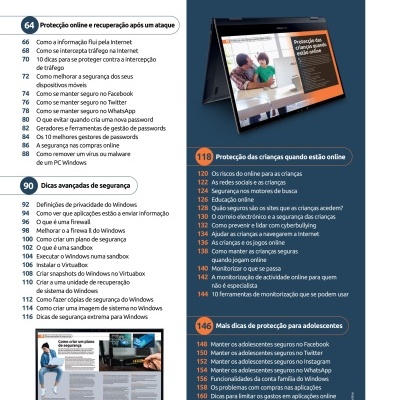 Sumário colorido de um guia de segurança online mostrado em duas páginas e um ecrã de computador portátil.