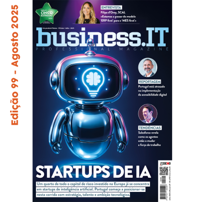 Revista Business.IT capa com robô azul metálico e texto startups de IA