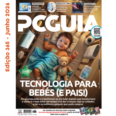 Bebé deitado num berço com manta azul segurando ursinho de peluche, rodeado por gadgets tecnológicos.