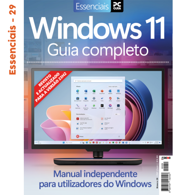 Capa da revista Windows 11 Guia completo com imagem de ecrã de computador e textos em português.