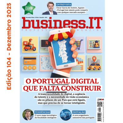 Capa da revista business.IT com telemóvel mostrando mapa de Portugal e ícones digitais coloridos.