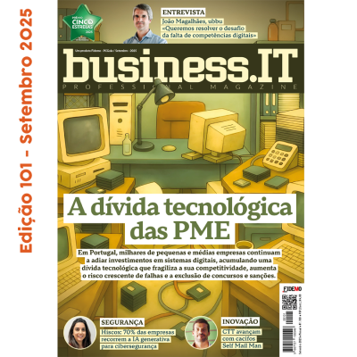 Capa da revista business.IT com ilustração de escritório antigo e texto sobre dívida tecnológica das PME