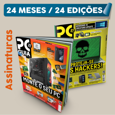 Duas revistas sobre PC e segurança digital com texto promocional de assinaturas 24 meses