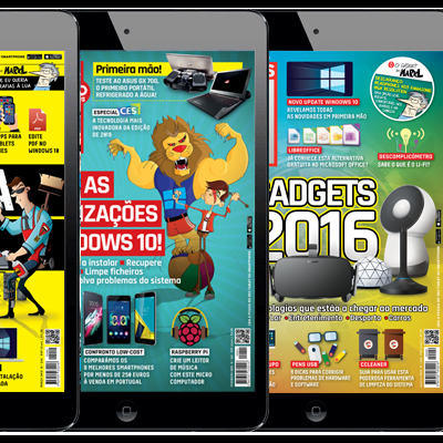 Quatro tablets com capas de revistas digitais sobre tecnologia e jogos